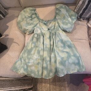 Womens Puff Sleeve Dress in Green and Yellow